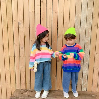 Корейский стиль, осенние повседневные свитшоты в радужную полоску для мальчиков и девочек, новое поступление 2022 года, хлопковая свободная одежда