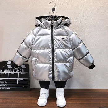 Зимнее пальто для мальчиков 2021 года, Утолщенная яркая куртка с хлопковой подкладкой и капюшоном, детская зимняя одежда, Размер 100-150