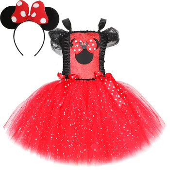 Блестящие красные платья с Минни Маус от Disney для девочек, Рождественские костюмы на Хэллоуин для детей, наряды-пачки для вечеринки по случаю дня рождения ребенка, одежда