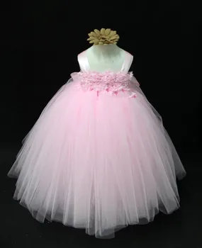 Милое платье-пачка с розовым цветком для девочек, детское пышное бальное платье-пачка, связанное крючком, с бантом из ленты и повязкой на голову, детское свадебное праздничное платье
