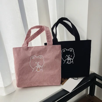 Женская вельветовая сумка через плечо с мультяшным медведем, многоразовые хозяйственные сумки, женские повседневные Эко-сумки для покупок большой емкости, женские сумки