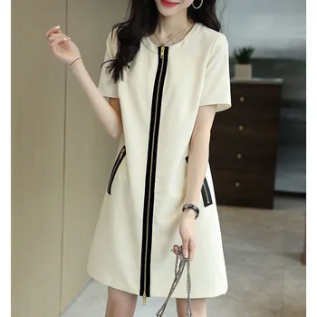 Модное Корейское мини-платье с круглым вырезом и карманами, свободная молния, женская одежда 2023, летние новые платья для выпускного вечера для офисных леди большого размера