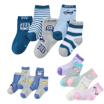 Комплект детских носков Зима-осень, 5 упаковок, комплект коротких носков с героями мультфильмов для маленьких мальчиков и девочек от 1 до 3 лет, детская машинка, банан, обезьяна, стрекоза