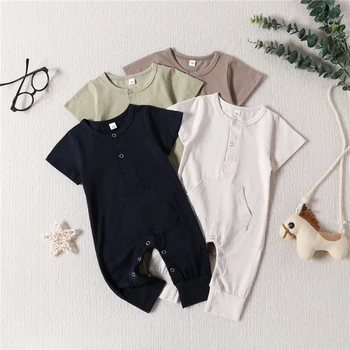 Новый комбинезон для новорожденных мальчиков, комбинезон с коротким рукавом, застежка на пуговицы, Однотонная повседневная летняя одежда, одежда для малышей