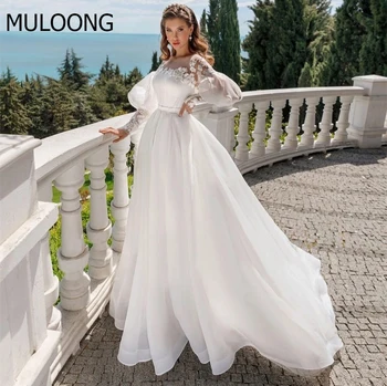 Роскошное белое свадебное платье трапециевидной формы с пышными рукавами и аппликацией в виде цветов в пол, кружевное длинное платье со шлейфом, Новинка 2023 года
