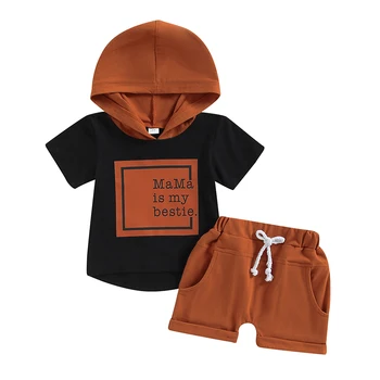 FOCUSNORM Комплекты летней одежды из 2 предметов для маленьких мальчиков в стиле пэчворк с буквенным принтом, топы с короткими рукавами и однотонные шорты от 0 до 3 лет