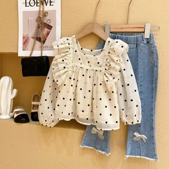 Костюм-рубашка в горошек для маленькой девочки, весенне-осенний новый костюм, детская темпераментная блестящая рубашка, модный комплект из двух предметов