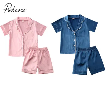 2020 Детская Летняя одежда, Комплект из 2 предметов для маленьких мальчиков и девочек, атласная шелковая пижама, рубашка с длинным рукавом + брюки, пижамы