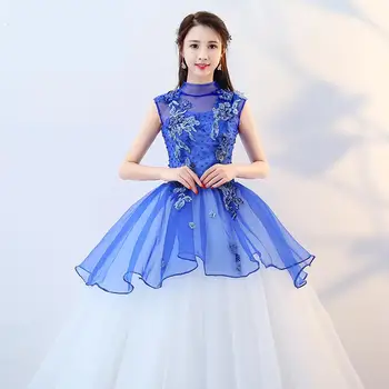 Новые синие многоуровневые пышные платья, элегантное бальное платье без рукавов с высоким воротом, женское кружевное платье с цветочным рисунком, большие размеры