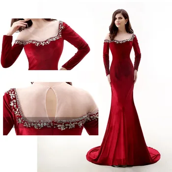 Вечерние платья русалки из красного бархата, украшенные драгоценными камнями, длинный рукав длиной до пола, украшенный бисером, кристалл, длинная иллюзия, Плюс размер на заказ