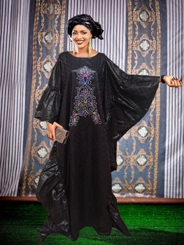 Черные женские платья из Турции от африканского дизайнера с шарфом, расшитым блестками, длинные платья Bazin Riche, вечерние дашики, женская одежда