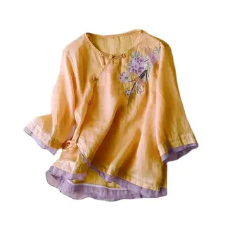 Блузка с вышивкой в китайском стиле, женские ретро топы с коротким рукавом, повседневная рубашка с Рами, Женская летняя литература, Свободные рубашки с круглым вырезом
