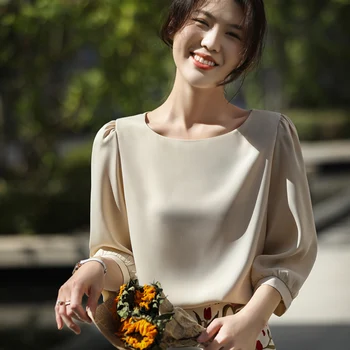 Женская летняя шелковая футболка с круглым вырезом и рукавом 3/4, Однотонный топ, Универсальная дышащая модная подкладка с коротким рукавом