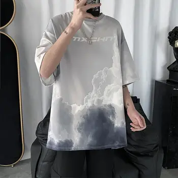 Летняя футболка для мальчиков в стиле харадзюку, Корея, модный досуг, красивый мальчик, футболка с рисунком неба, топ с градиентным рисунком, шикарная футболка в стиле панк с коротким рукавом