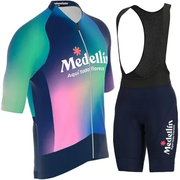 Colombia Team Medellin Cycling 2023 Джерси Комплект с коротким рукавом Летняя Мужская одежда Костюм Рубашки для шоссейных велосипедов Велосипедные Нагрудники Шорты MTB