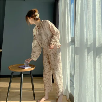 Весенне-осенний Пижамный комплект из 100% хлопка, Кружевная пижама с принтом 