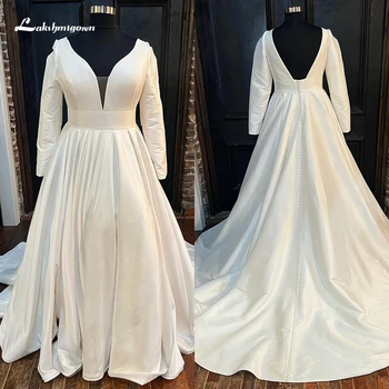 Простые свадебные платья трапециевидной формы большого размера, Элегантный V-образный вырез, длинный рукав, Открытая пуговица сзади Для женщин, свадебные платья, Атласный халат с разверткой