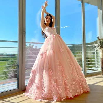 Розовое платье принцессы Лунного света для выпускного вечера С 3D цветочными аппликациями без рукавов Блестящее бальное платье Вечернее платье на шнуровке Robe De Soirée