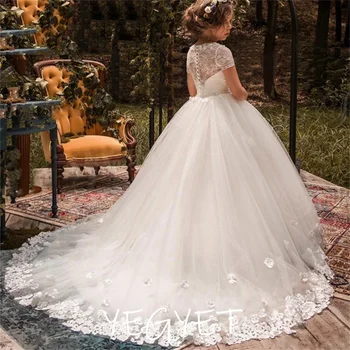 Платья для девочек-цветочниц для свадеб, кружевное платье с 3D цветочной аппликацией, платье для первого причастия маленьких детей, Дешевые праздничные платья