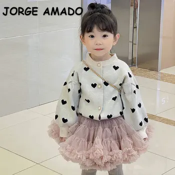 Корейский стиль, Новый весенне-осенний свитер для маленьких девочек, пальто, Длинные рукава, круглый воротник, Бежевый Вязаный топ с сердечком, детская одежда E68641
