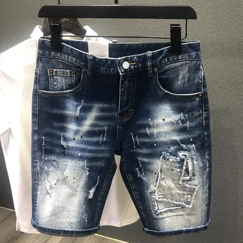 Мужские модные джинсовые шорты с дырками, Джинсы, Новые летние мужские Синие Рваные джинсовые шорты, высококачественные мужские джинсовые шорты прямого кроя, Размер 38