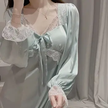 Сказочное женское платье для сна, сексуальная милая кружевная ночная рубашка в стиле принцессы с V-образным вырезом, пижама MIini с длинными рукавами.