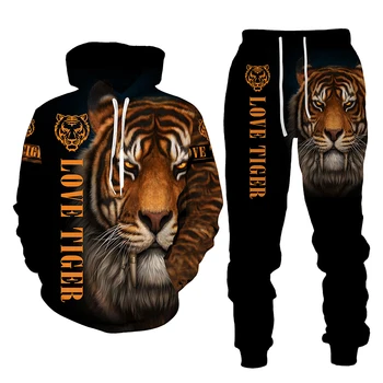 Мужская толстовка с 3D принтом Tiger, комплект толстовок, мужской спортивный костюм со львом/пуловер / куртка /брюки, спортивная одежда, осенне-зимний мужской костюм