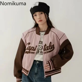 Куртки Nomikuma для Женщин 2022 Весна Осень С Буквенным Принтом Контрастного Цвета в стиле Пэчворк Chaqueta Винтаж Harajuku Street Veste Femme