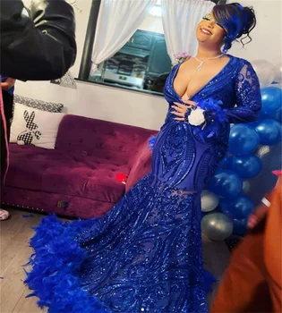 Королевское синее платье для выпускного вечера с блестками и пером для чернокожих девушек, сексуальные вечерние платья Русалки с глубоким V-образным вырезом, вечерняя одежда для официальных вечеринок 2023