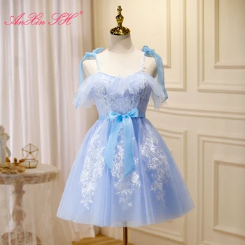 AnXin SH princess голубое кружево с белым цветочным бантом на бретельках, иллюзионное вечернее платье невесты, маленькое белое платье
