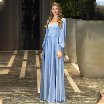 Элегантные синие вечерние платья трапециевидной формы с длинными рукавами и вырезом лодочкой, женская одежда для выпускного вечера Rode De Morrie