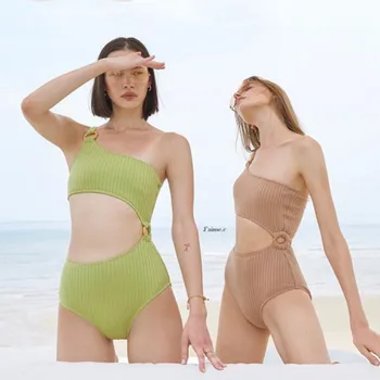 2023, Новое модное женское бикини, цельный однотонный купальник, Сексуальный купальник с открытой спиной и одним плечом, купальники для горячей весны