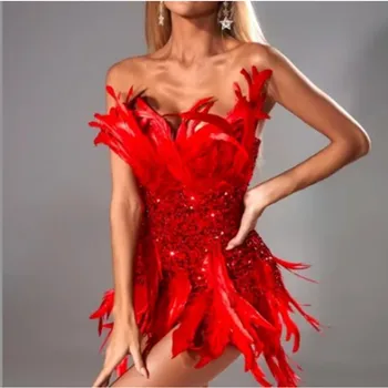 Красный цвет, блестки, перья, женское модное облегающее мини-платье без бретелек, платье для вечеринки на Красной ковровой дорожке знаменитостей, свадебная одежда