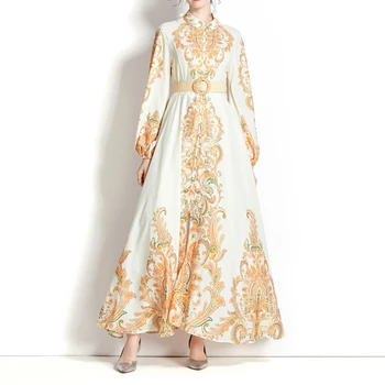 Платье с винтажным принтом в стиле Оанж, Весенне-летнее Модное платье 2023, скромное Элегантное платье с длинным рукавом и воротником-стойкой для женщин