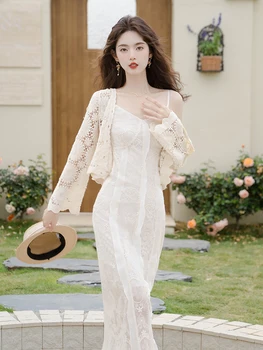 Романтическое Элегантное вечернее платье с белым кружевным ремешком и вышивкой, модные женские платья с V-образным вырезом, сексуальные пляжные платья для отдыха на море, Vestidos