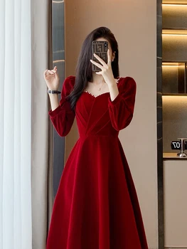 Осенне-зимняя женская красная бархатная юбка средней длины, высококачественное ретро-нежное Сексуальное банкетное Привлекательное очаровательное платье