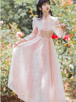 Женское Длинное платье в китайском стиле, элегантное Винтажное Розовое кружевное вечернее платье 2023 года, элегантное платье принцессы-феи с длинным рукавом, шикарное платье принцессы-феи.