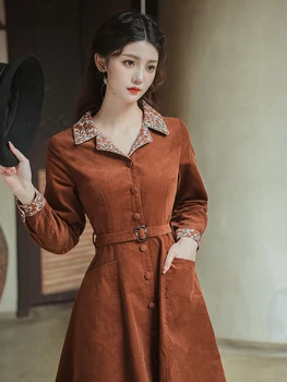 Современная элегантная офисная женская одежда, Винтажный отложной воротник, женские коричневые платья-пальто с поясом, Vestidos Outono Inverno