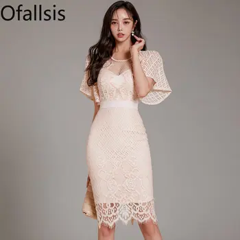 Ofallsis, Розовое кружевное платье с круглым вырезом и коротким рукавом, 2023, Нежный стиль, Сексуальный темперамент, Высококачественные вечерние платья знаменитостей