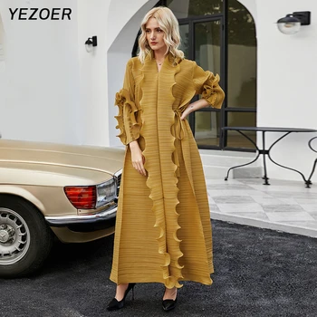 YEZOER высококачественное новое модное свободное платье с V-образным вырезом, плиссированным рукавом 