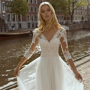 MULOONG Элегантное летнее свадебное платье трапециевидной формы с кружевными аппликациями и V-образным вырезом, длиной до пола, со шлейфом и открытой спиной, Vestidos De Novia