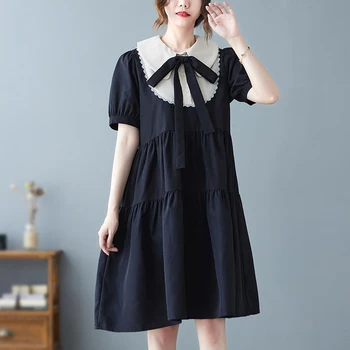 2022 Новое поступление, шикарное Черное летнее платье Милой девушки в японском стиле с воротником Питера Пэна в стиле Пэчворк, модное Женское Повседневное платье Миди