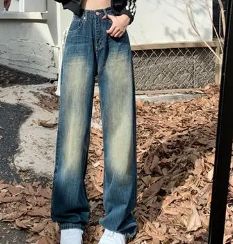 Женские джинсы с высокой талией, винтажные прямые мешковатые джинсовые брюки, уличная одежда, широкие джинсовые брюки в американском стиле 2023 DW39