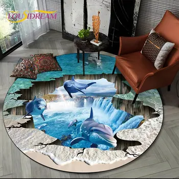 3D Иллюзия морского дна, подводный мир, Круглый коврик с дельфином, ковер для гостиной, диван в спальне, декор для игровой комнаты, нескользящий коврик для пола