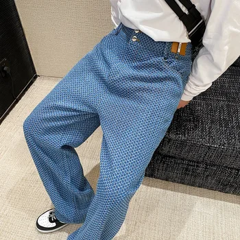 2022 Летние джинсы в корейском стиле с уникальной клетчатой текстурой для мужчин, повседневные свободные синие джинсы, мужские джинсы. размер M-XL