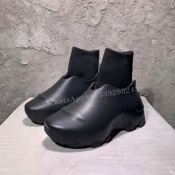 Блестящая обувь для хлеба, Вязаные ботинки, мужские черные кожаные повседневные лоферы на плоской подошве, увеличивающие рост, Лаконичная модная обувь для инъекций по щиколотку