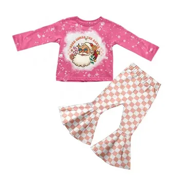 Рождественский комплект полосатых клетчатых штанов с принтом Санта-Клауса для девочки, топ с длинным рукавом, расклешенные брюки, комплект из 2 предметов