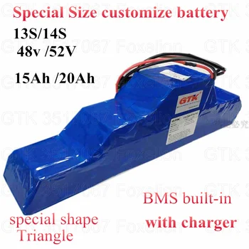 Аккумулятор для ebike треугольной формы 14S 52v специального размера по индивидуальному заказу oem 52v 20ah 48v 15Ah Литиевый аккумулятор 30A BMS + зарядное устройство 3A