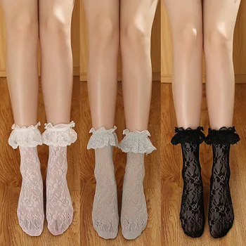 1 пара носков на щиколотке для девочек, женские кружевные нейлоновые женские носки с ворсом в корейском стиле, дышащие сексуальные носки средней длины