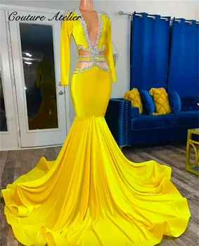 Элегантные желтые выпускные платья с длинным рукавом, расшитые серебряным бисером, для вечеринки, свадебные вечерние кисточки, сексуальное платье Русалки для официальных мероприятий, халат